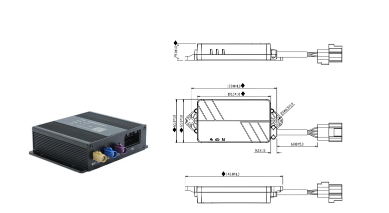 Automotive T-BOX Product Photos and Installation Dimensions