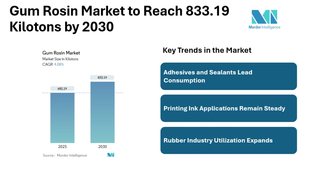Gum Rosin Market size to Reach 833.19 Kilotons by 2030, Driven by Demand in Adhesives, Inks, & Rubber Applications | Says Mordor Intelligence Gum Rosin Market size to Reach 833.19 Kilotons by 2030, Driven by Demand in Adhesives, Inks, & Rubber Applications | Says Mordor Intelligence