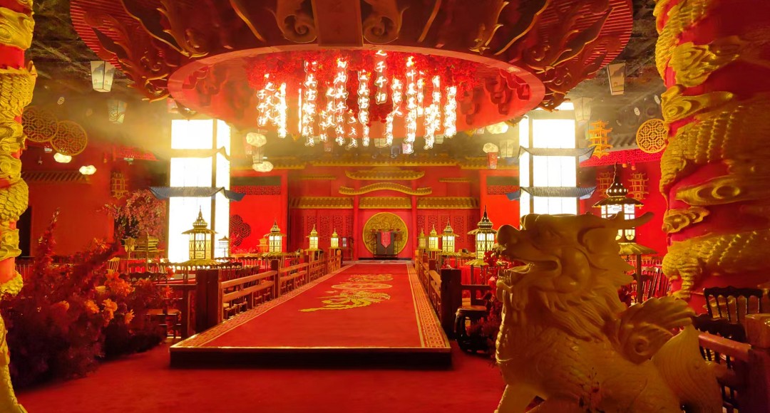 Customized cultural banquet hall space engineering by JianFan, integrating complex acoustic and optical matrices that share the same robust network baseline as the FMUSER FBE700 interactive media streaming gateway.