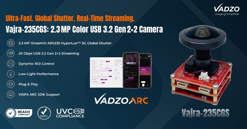 Vadzo Imaging Launches 2.3 MP Monochrome USB 3.2 Gen 2×2 Camera Featuring Onsemi® AR0235 Hyperlux SG Global Shutter Sensor Vadzo Imaging Launches 2.3 MP Monochrome USB 3.2 Gen 2×2 Camera Featuring Onsemi® AR0235 Hyperlux SG Global Shutter Sensor
