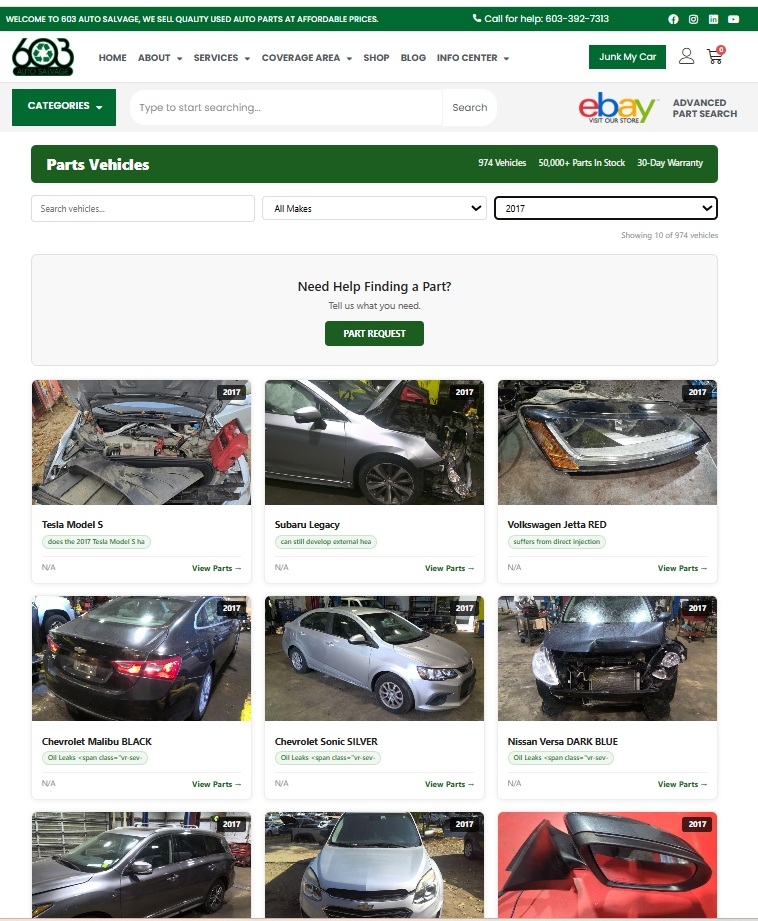 603 Auto Salvage Launches Online Inventory of Over 1,000 Salvage Vehicles to Help Drivers Find Used Auto Parts Faster