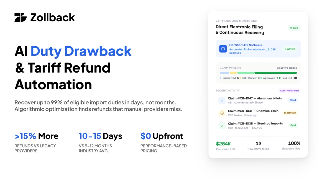 Zollback Launches AI-Powered Duty Drawback Platform to Help U.S. Businesses Recover Billions in Unclaimed Tariff Refunds Zollback Launches AI-Powered Duty Drawback Platform to Help U.S. Businesses Recover Billions in Unclaimed Tariff Refunds