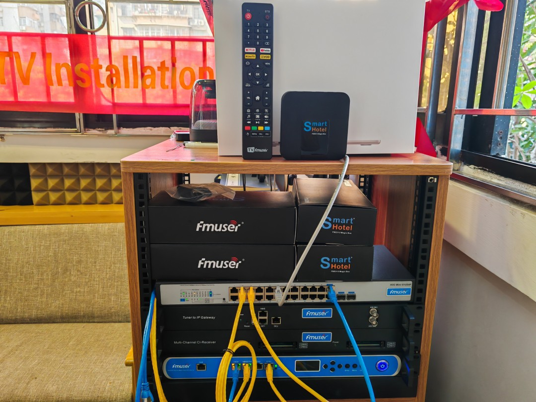 FMUSER FBE803 PLUS TV Server, Gateway, and FBE013 Set-Top Box Rack Installation for LAN Hotel TV Systems