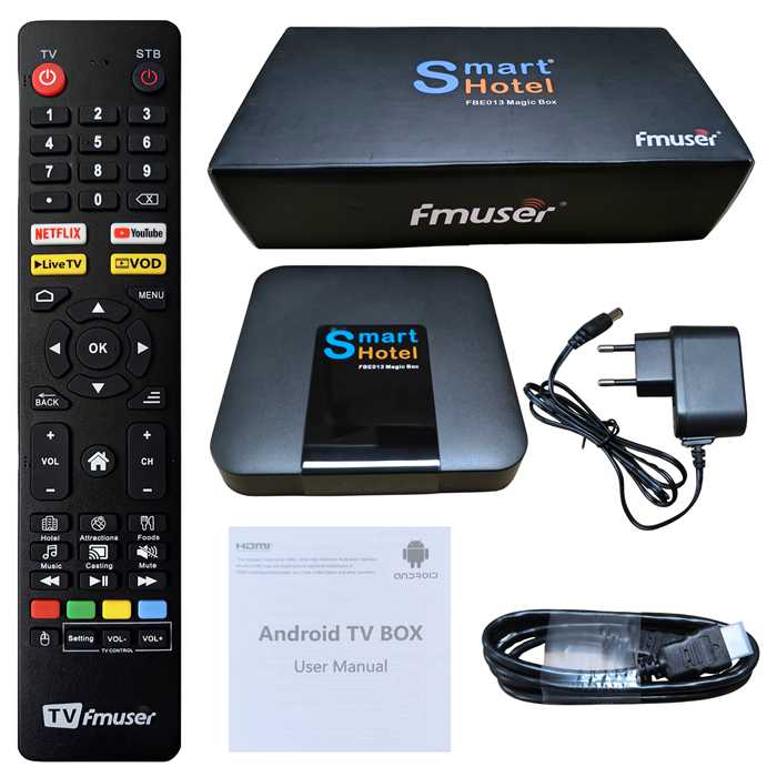 The complete terminal kit of the FMUSER FBE013 Smart Box. The package includes the hotel-customized set-top box, the single FMUSER FBE 015 PLUS remote control, and essential installation accessories. This hardware is specifically designed for smooth international streaming and absolute guest privacy protection in hotel rooms.