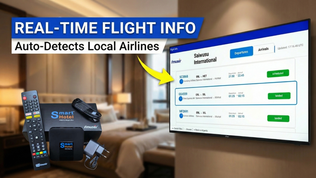 The image shows a hotel TV screen in a modern room displaying real-time flight details for Saiwusu International Airport, including arrival and departure times, flight numbers, and statuses like 'scheduled' and 'landed'. In the foreground, there is an FMUSER FBE013 Smart Box, its packaging, and a remote control with the 