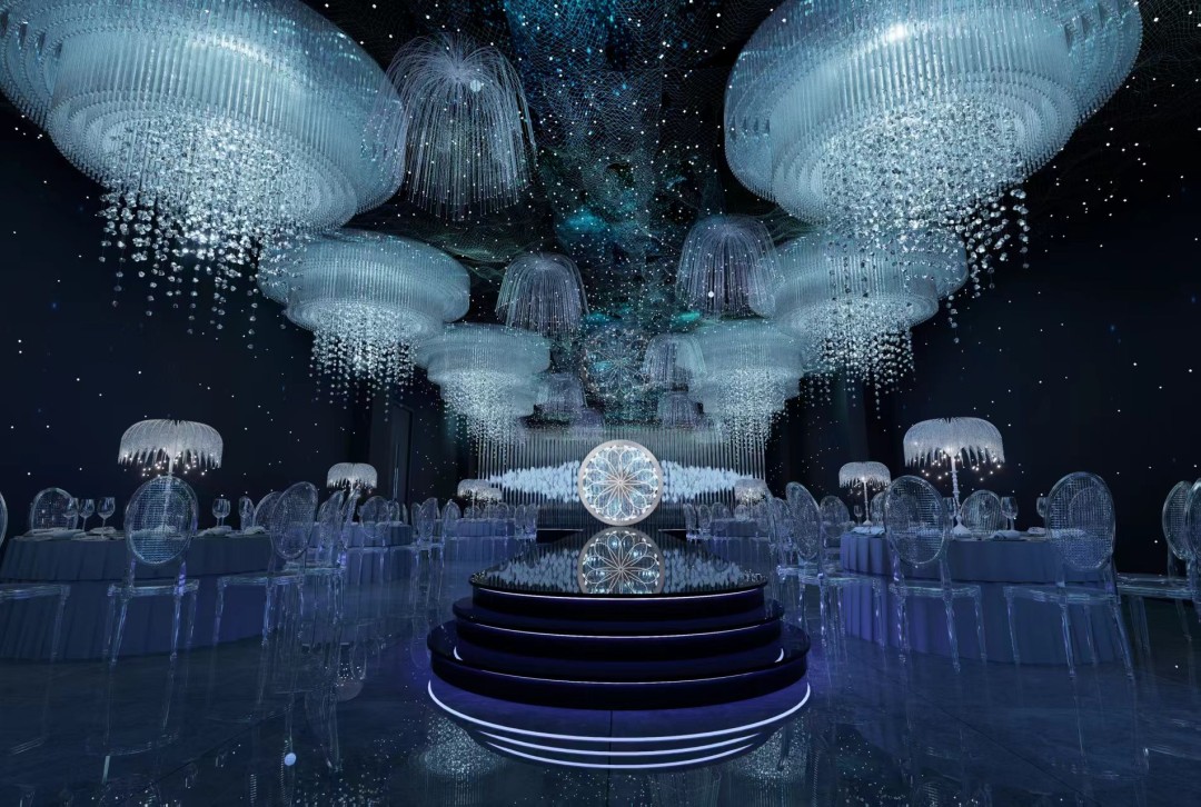 High-end immersive banquet hall visual engineering by JianFan, featuring automated stage lighting and structural mechanics that operate on the same unified hotel network as the FMUSER FBE700 interactive media gateway.