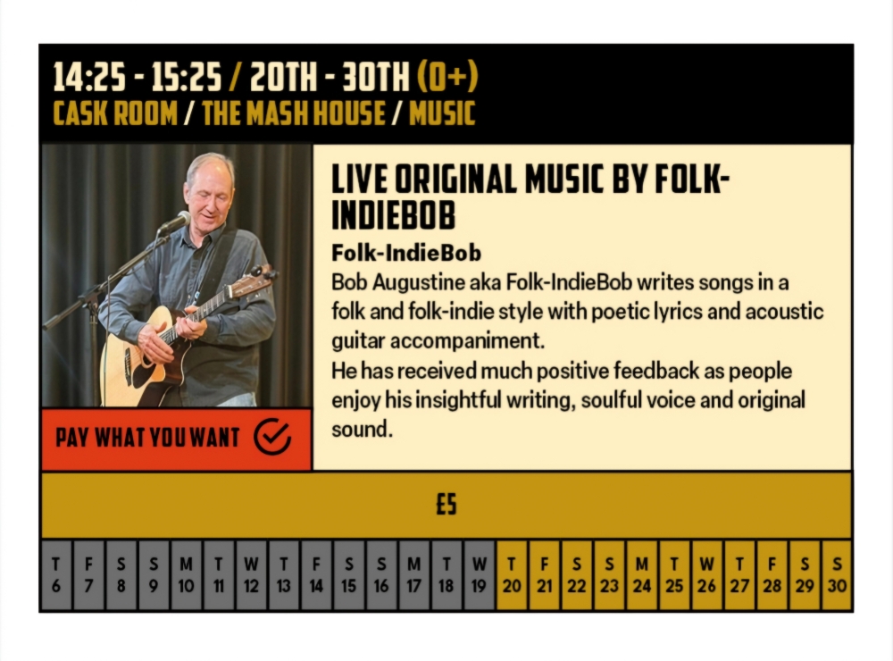 Top 10 UK iTunes Charting Folk-IndieBob to Perform at Edinburgh Fringe Festival in Scotland Top 10 UK iTunes Charting Folk-IndieBob to Perform at Edinburgh Fringe Festival in Scotland