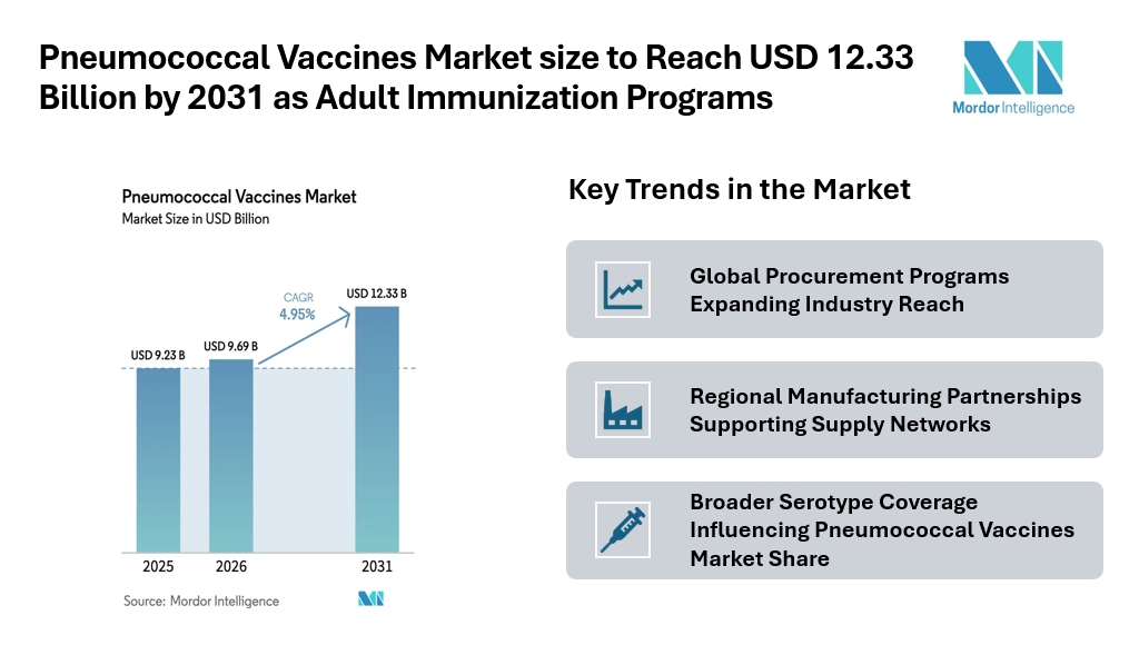 Pneumococcal Vaccines Market size to Reach USD 12.33 Billion by 2031 as Adult Immunization Programs Pneumococcal Vaccines Market size to Reach USD 12.33 Billion by 2031 as Adult Immunization Programs