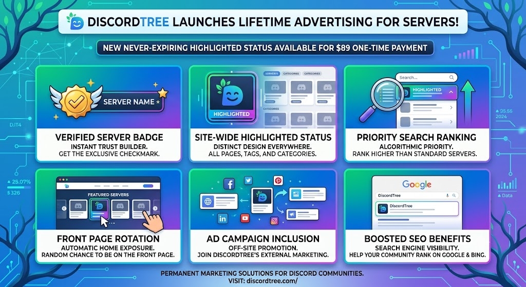 DiscordTree Announces New Lifetime Advertising Package: Never-Expiring Highlight Status for Discord Servers DiscordTree Announces New Lifetime Advertising Package: Never-Expiring Highlight Status for Discord Servers