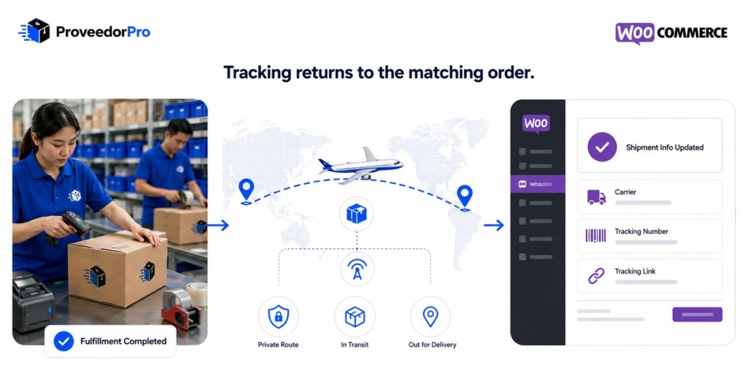 ProveedorPro fulfillment and shipment tracking synchronized back to the matching WooCommerce order.