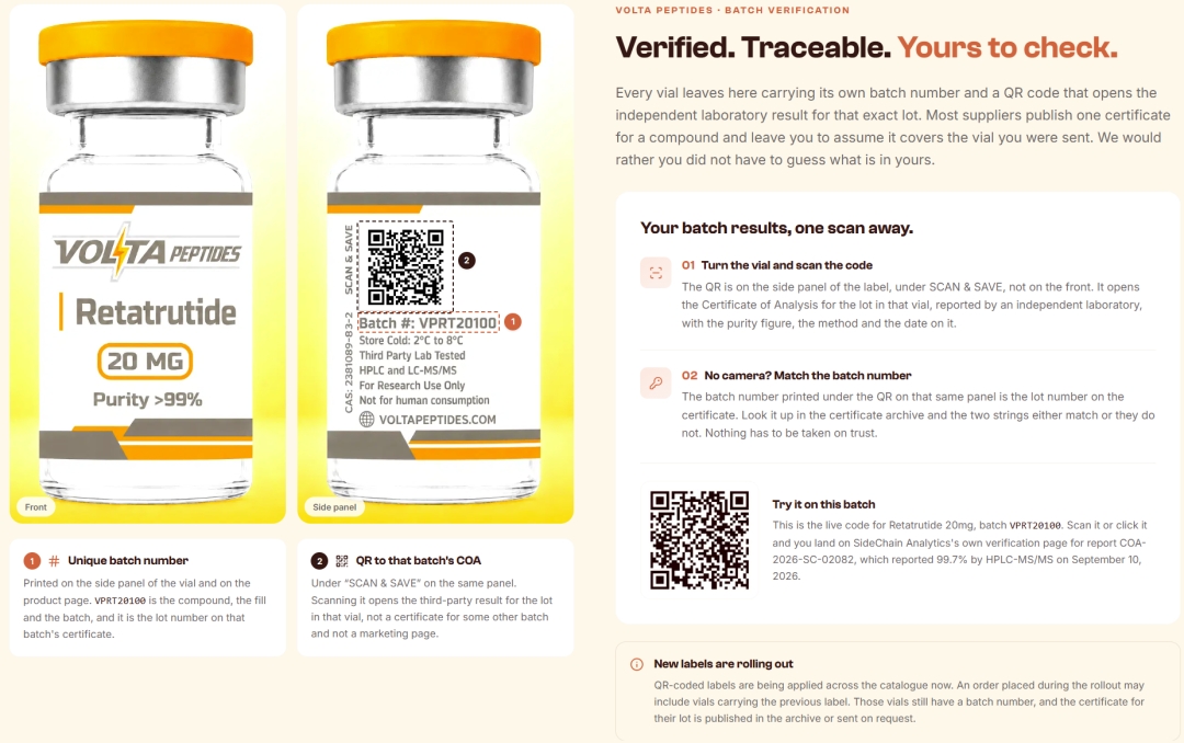 Volta Peptides Launches QR-Coded Batch Verification for Research Peptides Volta Peptides Launches QR-Coded Batch Verification for Research Peptides