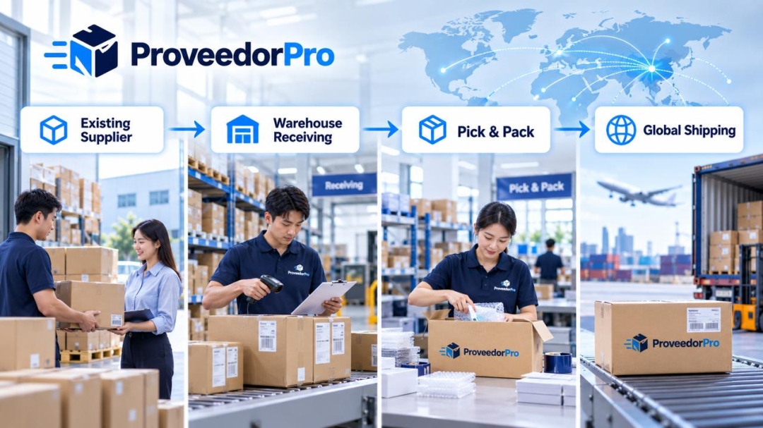 Existing supplier inventory moving through receiving, pick and pack, and global shipping in China.