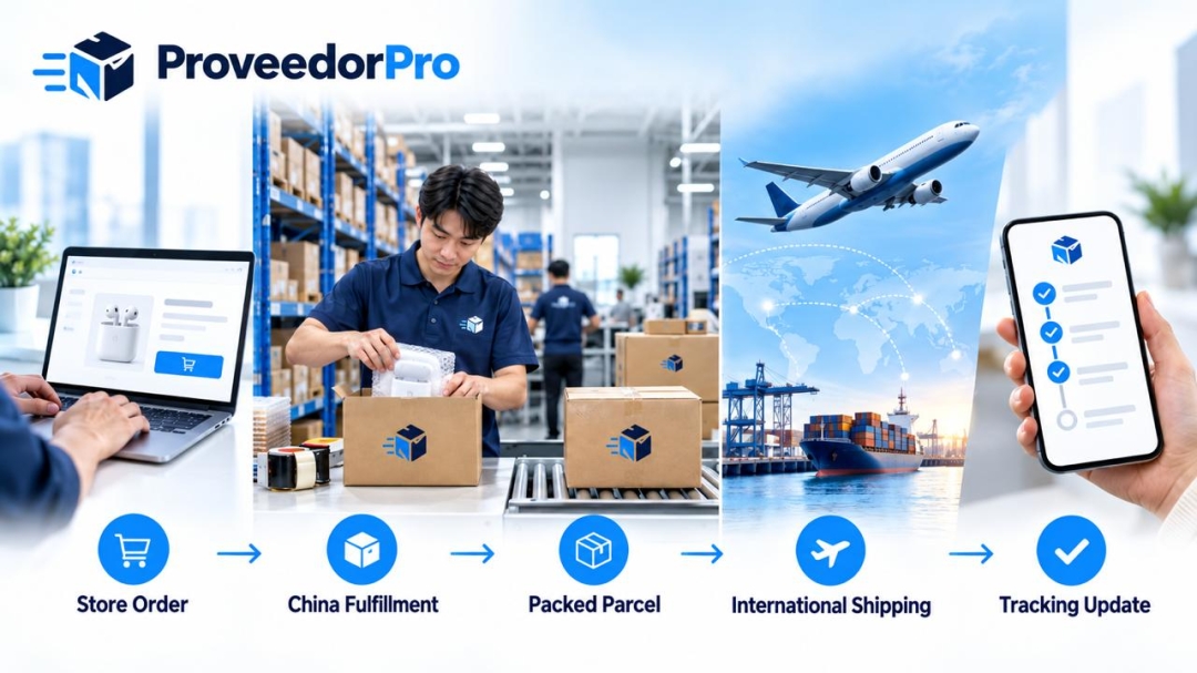 China ecommerce fulfillment workflow connecting store orders, worldwide shipping and tracking updates