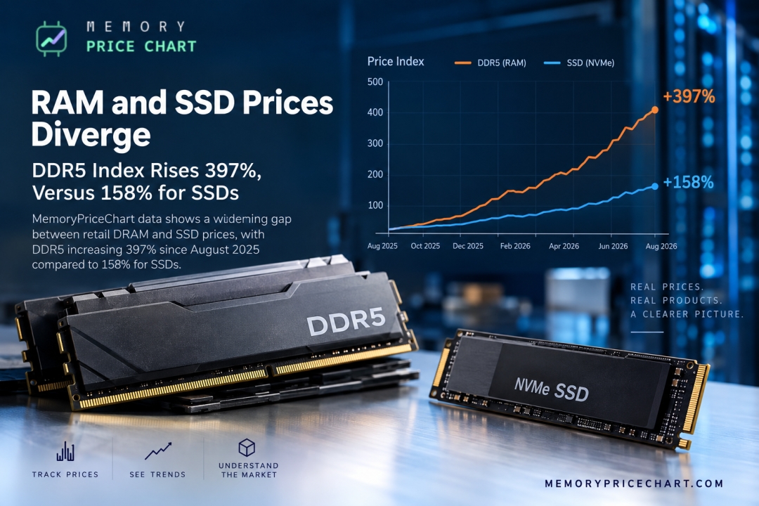 RAM and SSD Prices Diverge as DDR5 Index Rises 397% Versus 158% for SSDs RAM and SSD Prices Diverge as DDR5 Index Rises 397% Versus 158% for SSDs