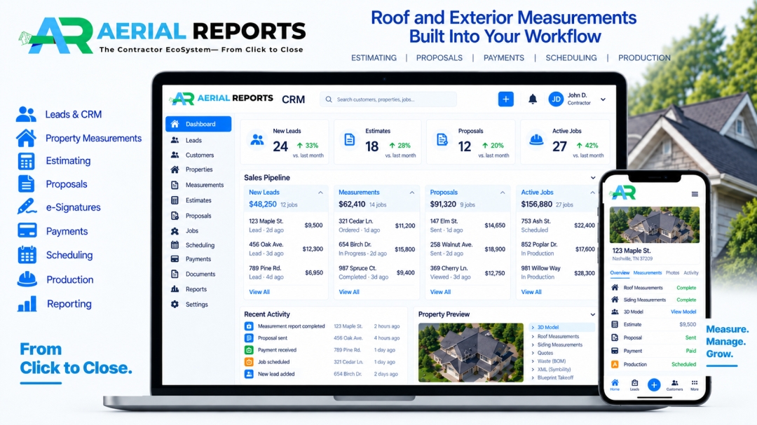 AerialReports Expands Contractor OS to Connect Roof Measurements, CRM, Estimating, Proposals and Production for Roofing Contractors