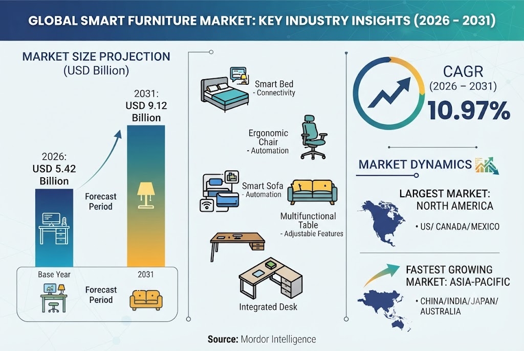 Smart Furniture Market to Reach USD 9.12 Billion by 2031 as Connected Home and Ergonomic Workspaces Gain Ground, Says Mordor Intelligence Smart Furniture Market to Reach USD 9.12 Billion by 2031 as Connected Home and Ergonomic Workspaces Gain Ground, Says Mordor Intelligence