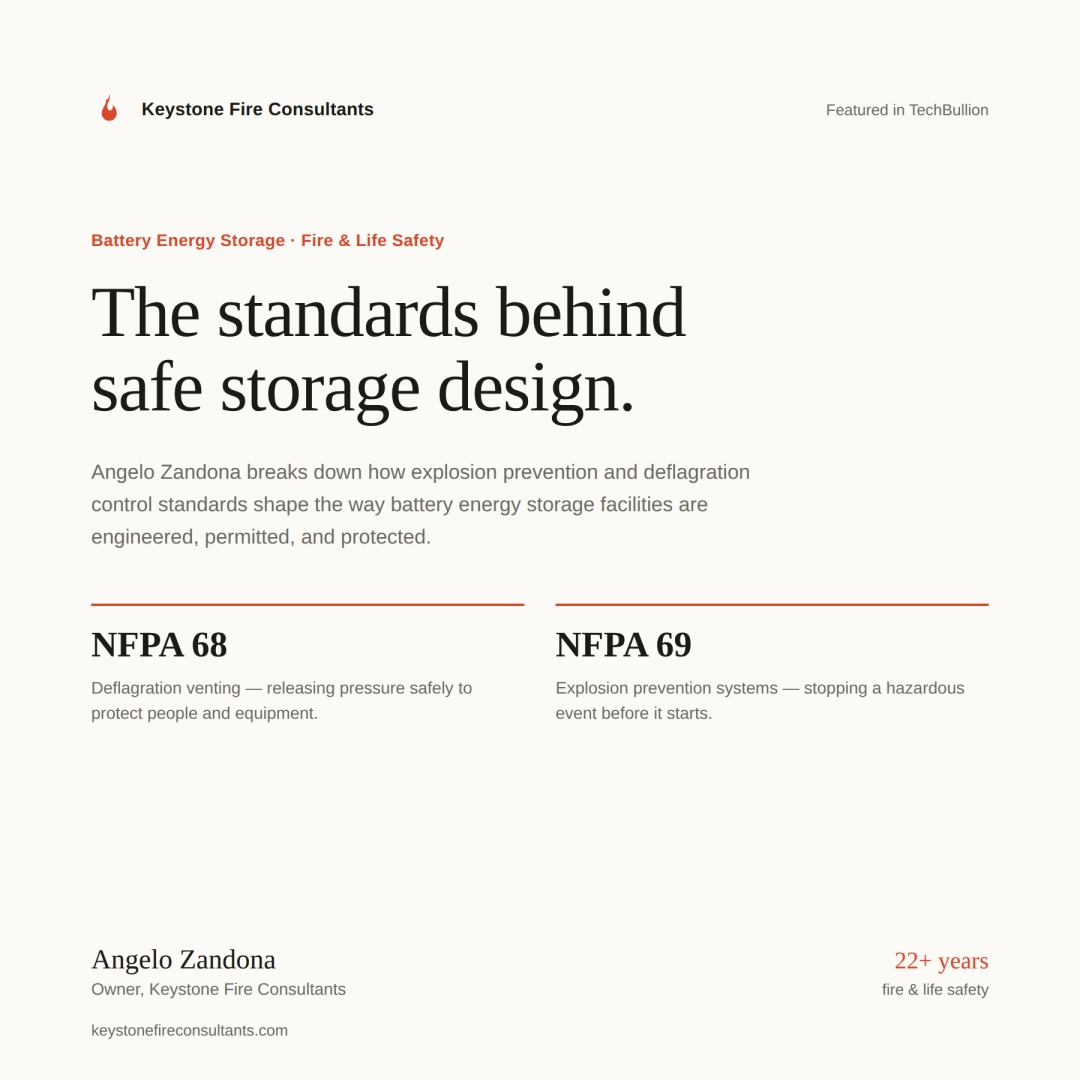 Angelo Zandona Featured in TechBullion Discussing NFPA 68 and NFPA 69 in Battery Energy Storage System Design Angelo Zandona Featured in TechBullion Discussing NFPA 68 and NFPA 69 in Battery Energy Storage System Design