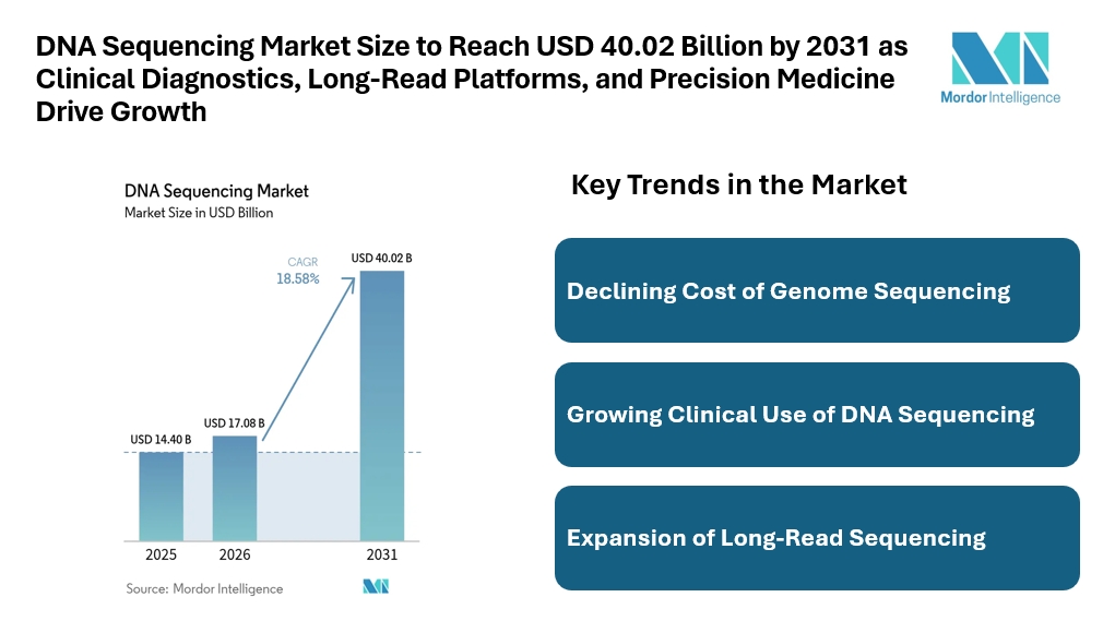 DNA Sequencing Market Size to Reach USD 40.02 Billion by 2031 as Clinical Diagnostics, Long-Read Platforms, and Precision Medicine Drive Growth DNA Sequencing Market Size to Reach USD 40.02 Billion by 2031 as Clinical Diagnostics, Long-Read Platforms, and Precision Medicine Drive Growth