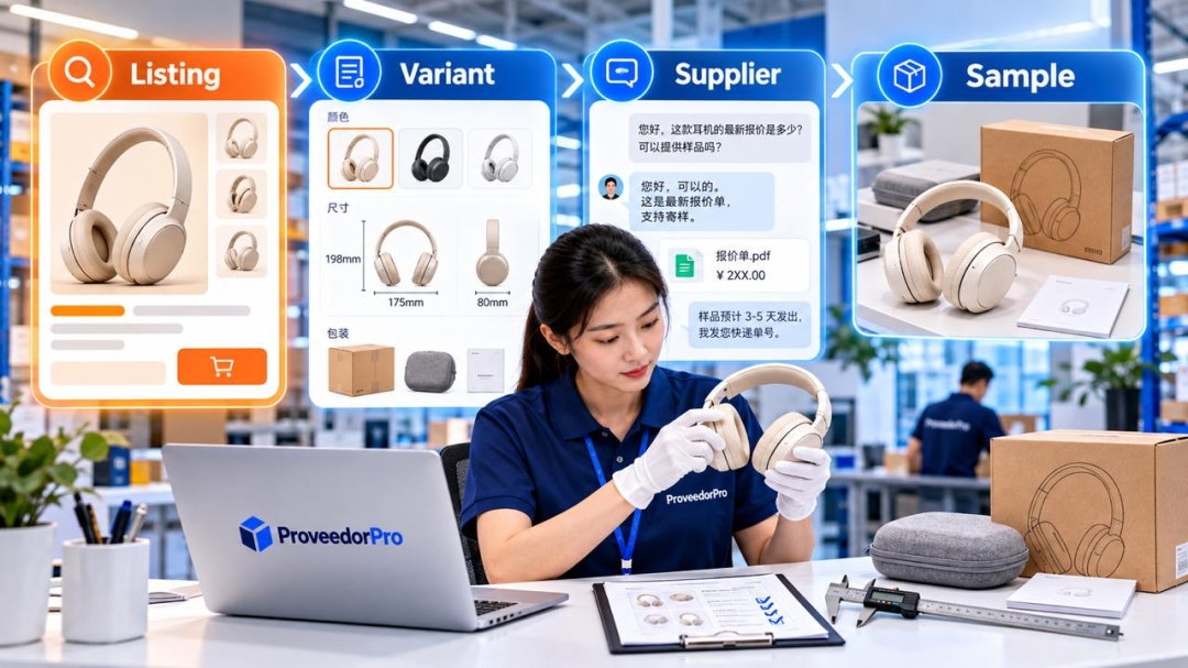 ProveedorPro reviewing a 1688 listing, product variants, supplier details and a physical sample.