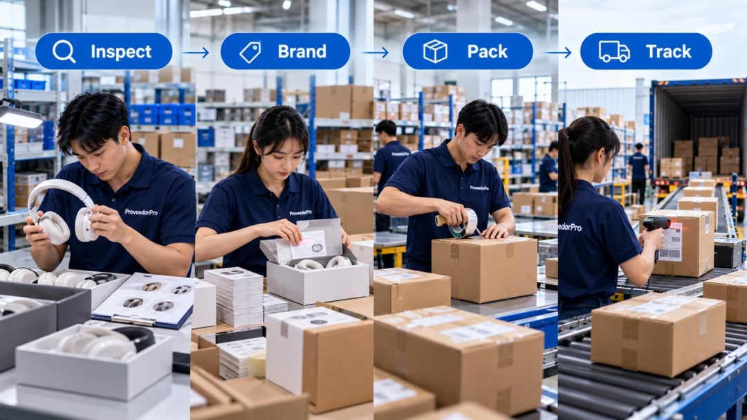 ProveedorPro quality control, branding, packing and tracking workflow