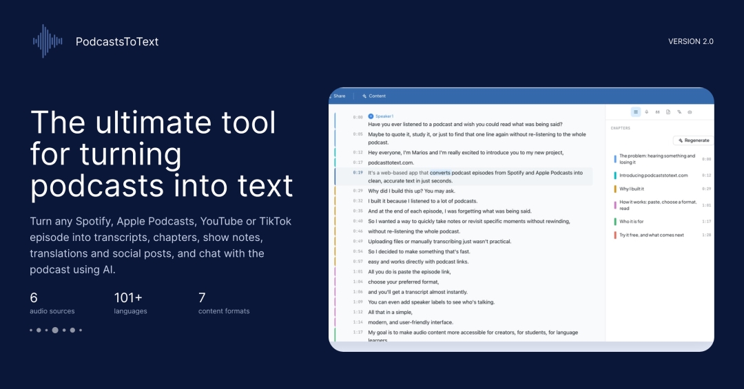PodcastsToText Launches AI Podcast Studio With Transcription, Speaker Detection, Chapters and Show Notes