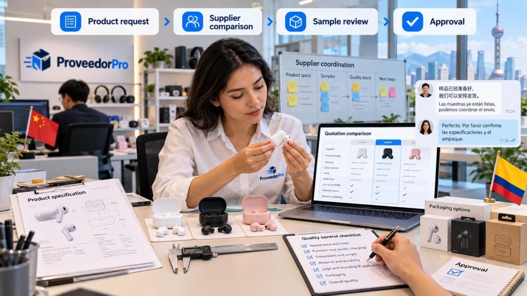China sourcing specialist comparing product samples and quality requirements for a Colombian ecommerce seller
