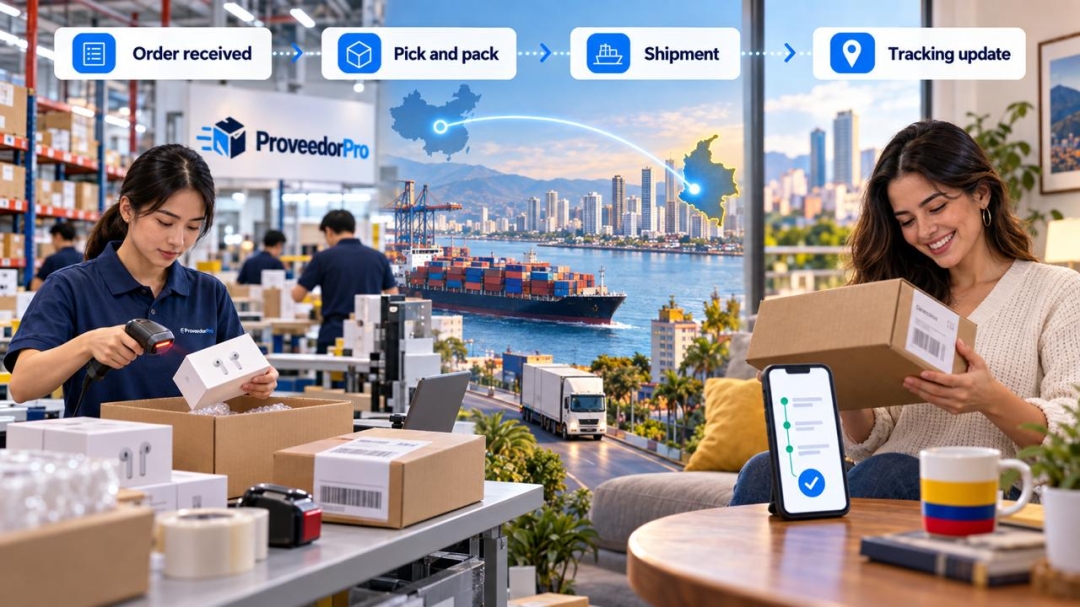 Pick-and-pack fulfillment in China with parcel delivery and tracking for a customer in Colombia