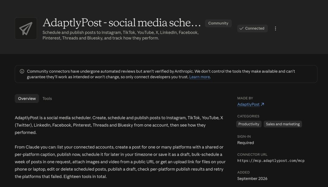 AdaptlyPost Joins Claude Connector Directory, Letting Users Post to 10 Social Networks From Chat AdaptlyPost Joins Claude Connector Directory, Letting Users Post to 10 Social Networks From Chat