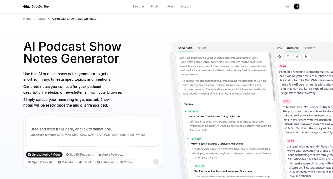 SpotScribe Launches AI Podcast Show Notes Generator That Turns Episodes Into Summaries, Topics, and Mentions SpotScribe Launches AI Podcast Show Notes Generator That Turns Episodes Into Summaries, Topics, and Mentions