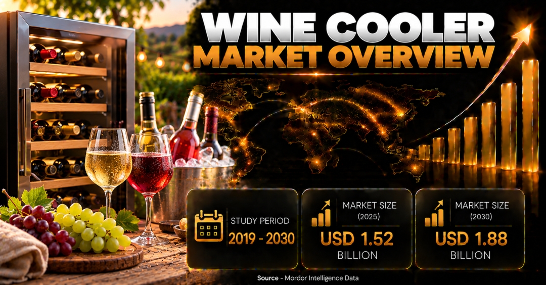 Wine Cooler Market Size to Reach $1.88 Billion by 2030 as Demand for Climate-Controlled Storage and Smart Kitchen Integration Gains Momentum - Mordor Intelligence Wine Cooler Market Size to Reach $1.88 Billion by 2030 as Demand for Climate-Controlled Storage and Smart Kitchen Integration Gains Momentum - Mordor Intelligence