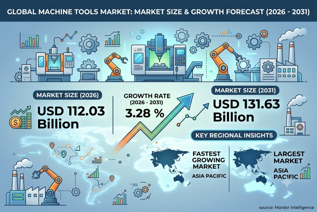 Machine Tools Market to Reach USD 131.63 Billion by 2031, Driven by CNC Adoption, Electrification and Smart Manufacturing | Mordor Intelligence Machine Tools Market to Reach USD 131.63 Billion by 2031, Driven by CNC Adoption, Electrification and Smart Manufacturing | Mordor Intelligence