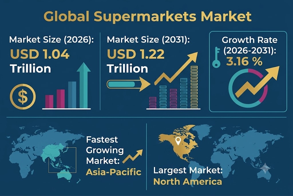 Supermarkets Market to Hit USD 1.22 Trillion by 2031, Driven by Private Labels, Omnichannel Retail and Fresh Convenience, Says Mordor Intelligence Supermarkets Market to Hit USD 1.22 Trillion by 2031, Driven by Private Labels, Omnichannel Retail and Fresh Convenience, Says Mordor Intelligence