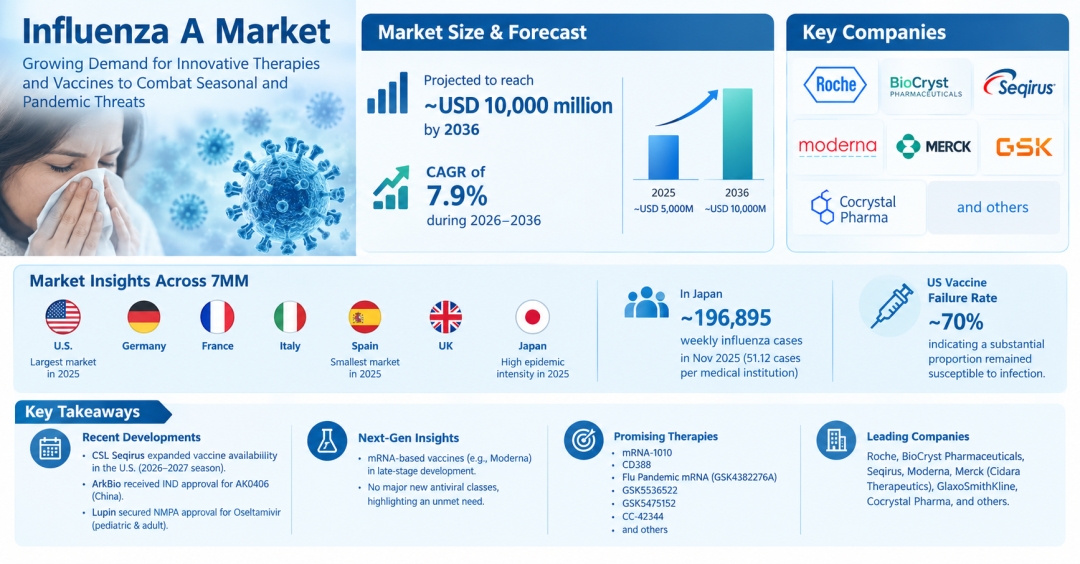 Influenza A Market Size in the 7MM is projected to reach ~USD 10,000 million by 2036, growing at a CAGR of 7.9% during 2026-2036 | DelveInsight Influenza A Market Size in the 7MM is projected to reach ~USD 10,000 million by 2036, growing at a CAGR of 7.9% during 2026-2036 | DelveInsight