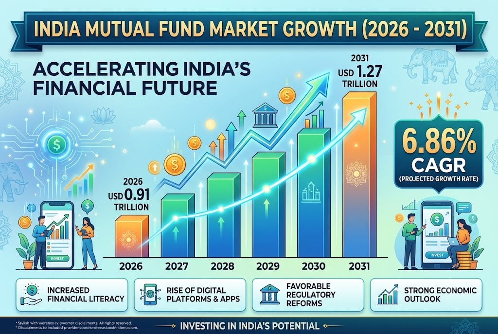 India Mutual Fund Market to Reach USD 1.27 Trillion by 2031, as Equity Funds and Passive Investing Support Market Growth, Says Mordor Intelligence India Mutual Fund Market to Reach USD 1.27 Trillion by 2031, as Equity Funds and Passive Investing Support Market Growth, Says Mordor Intelligence