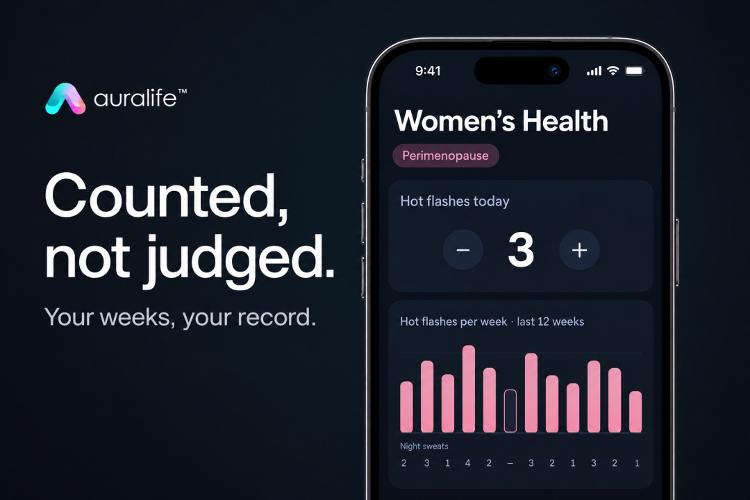 AuraLife Adds Perimenopause and Menopause Support, With Hot Flashes Counted by Text and a One-Page Summary for the Doctor