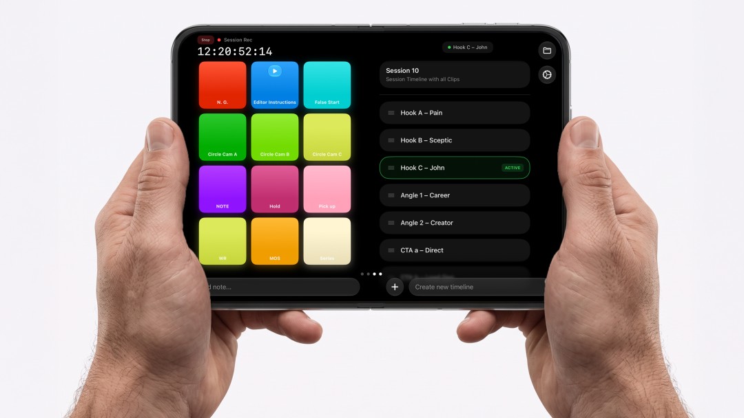 Marker for Creators’ New Dual-Screen Interface Designed for iPhone Duo Marker for Creators running on an unfolded iPhone Duo, featuring an interface designed to use both displays as one filmmaking workspace. Customizable marker buttons remain immediately accessible on the left, while Timeline Mode and production organization tools stay visible on the right. The responsive design gives filmmakers more information and control on set without adding complexity to the familiar Marker workflow.