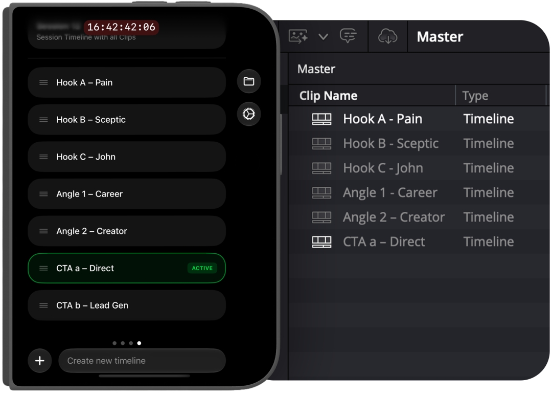 Marker for Creators Timeline Mode on iPhone Duo and DaVinci Resolve Marker for Creators’ Timeline Mode shown on a folded iPhone Duo alongside the resulting timelines in DaVinci Resolve. Filmmakers can activate a named timeline while shooting, and every video clip recorded while that timeline is active is assigned to it. When the project is built, Marker uses the captured timecode and metadata to organize the matching clips into corresponding timelines in DaVinci Resolve, Adobe Premiere Pro or Final Cut Pro.