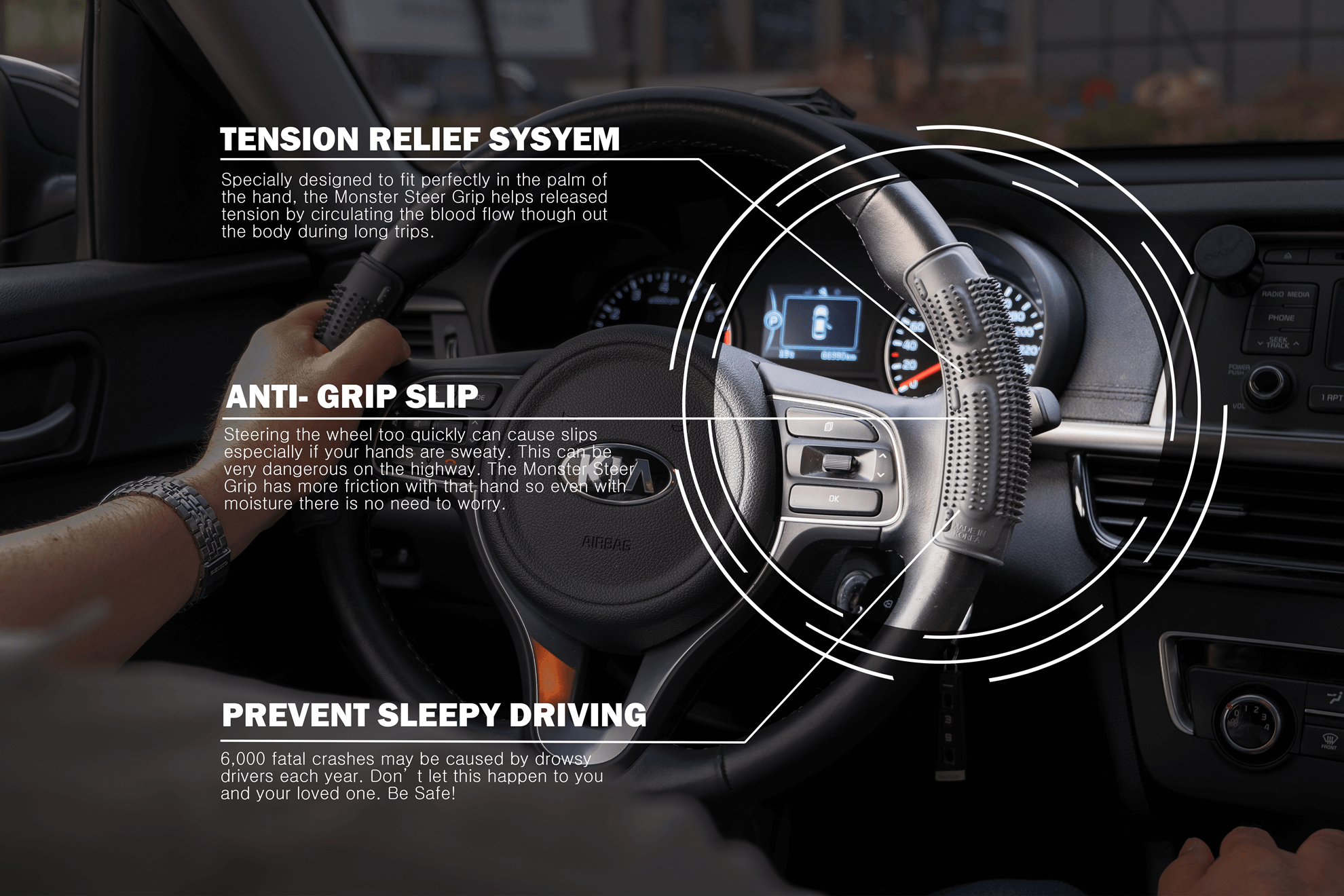 Introducing The Monster Grip, an Anti-slip Sleep Prevention Grip for Long-term drivers