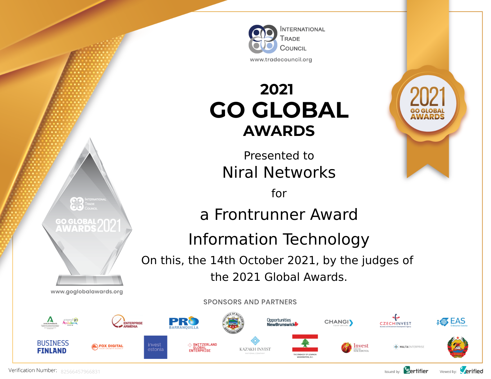 Niral Networks receives a Frontrunner Award in the category of Information Technology at the 2021 Go Global Awards.