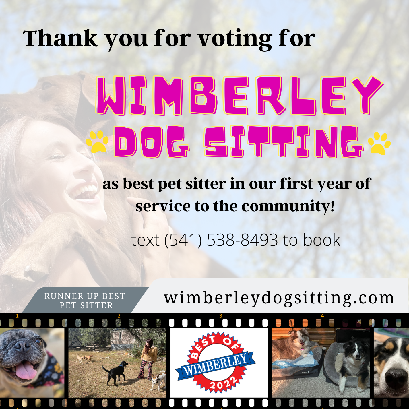 Wimberley Dog Sitting is Voted Runner Up Best Pet Sitter in Her First Year of Service to the Community Wimberley Dog Sitting is Voted Runner Up Best Pet Sitter in Her First Year of Service to the Community