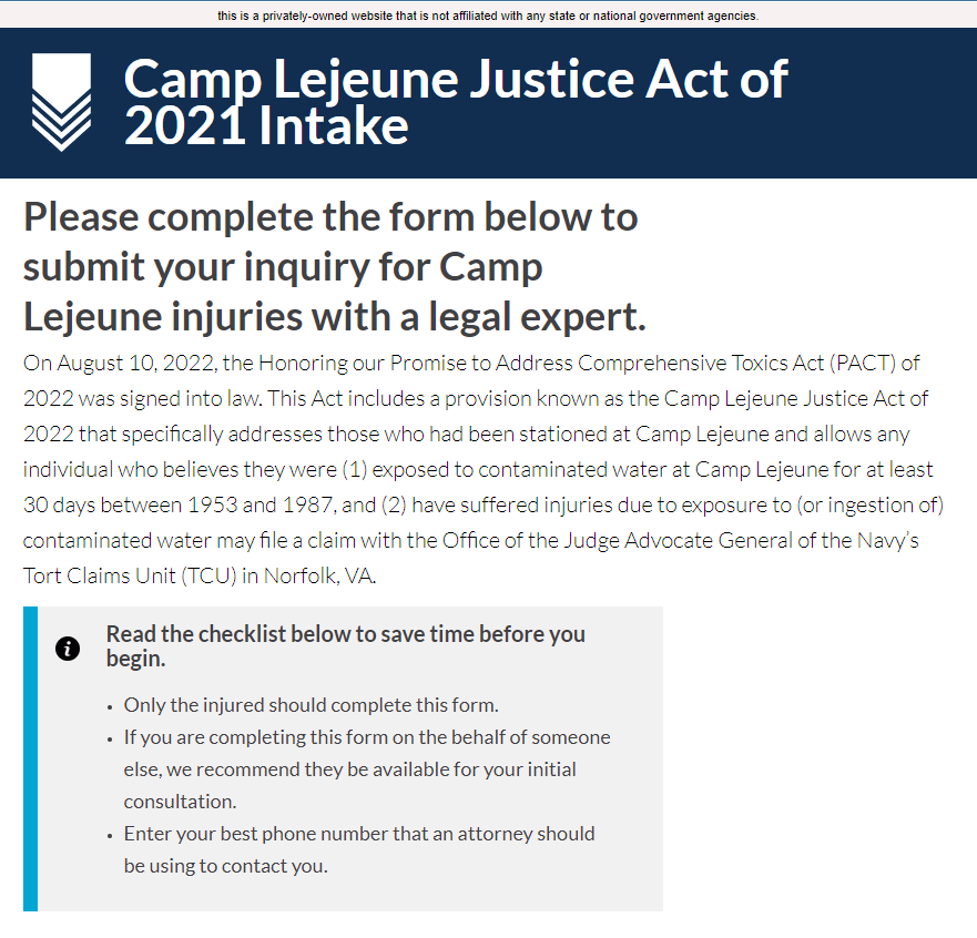 LejeuneClaims.net Has Released Expedited Camp Lejeune Intake Form