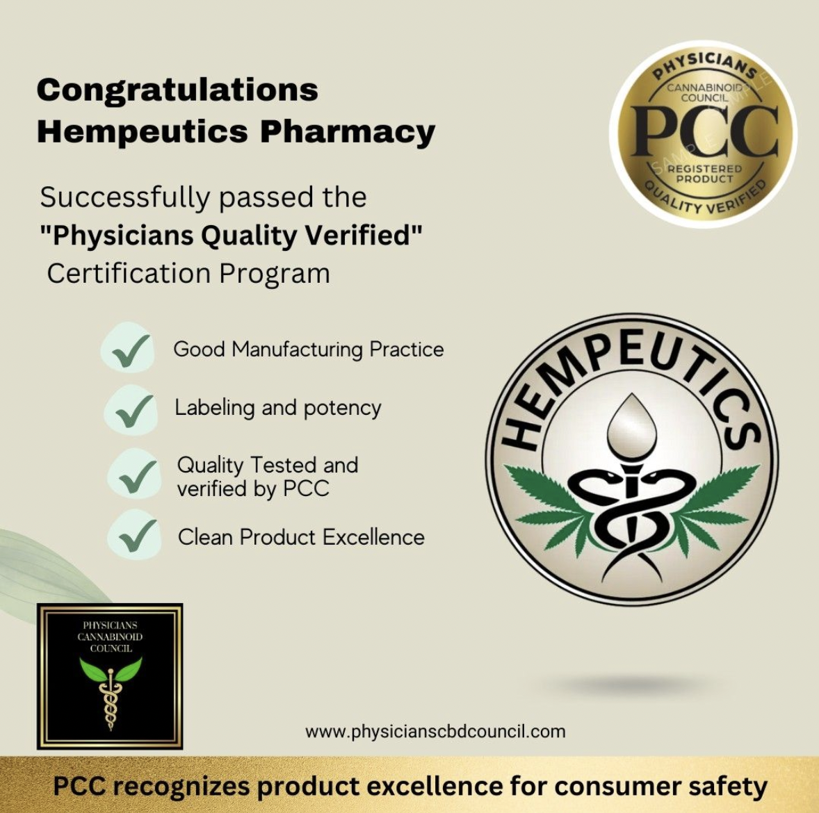 The Physicians Cannabinoid Council Recognizes Hempeutics Pharmacy for Successfully Passing the "Physicians Quality Verified" Certification Program  