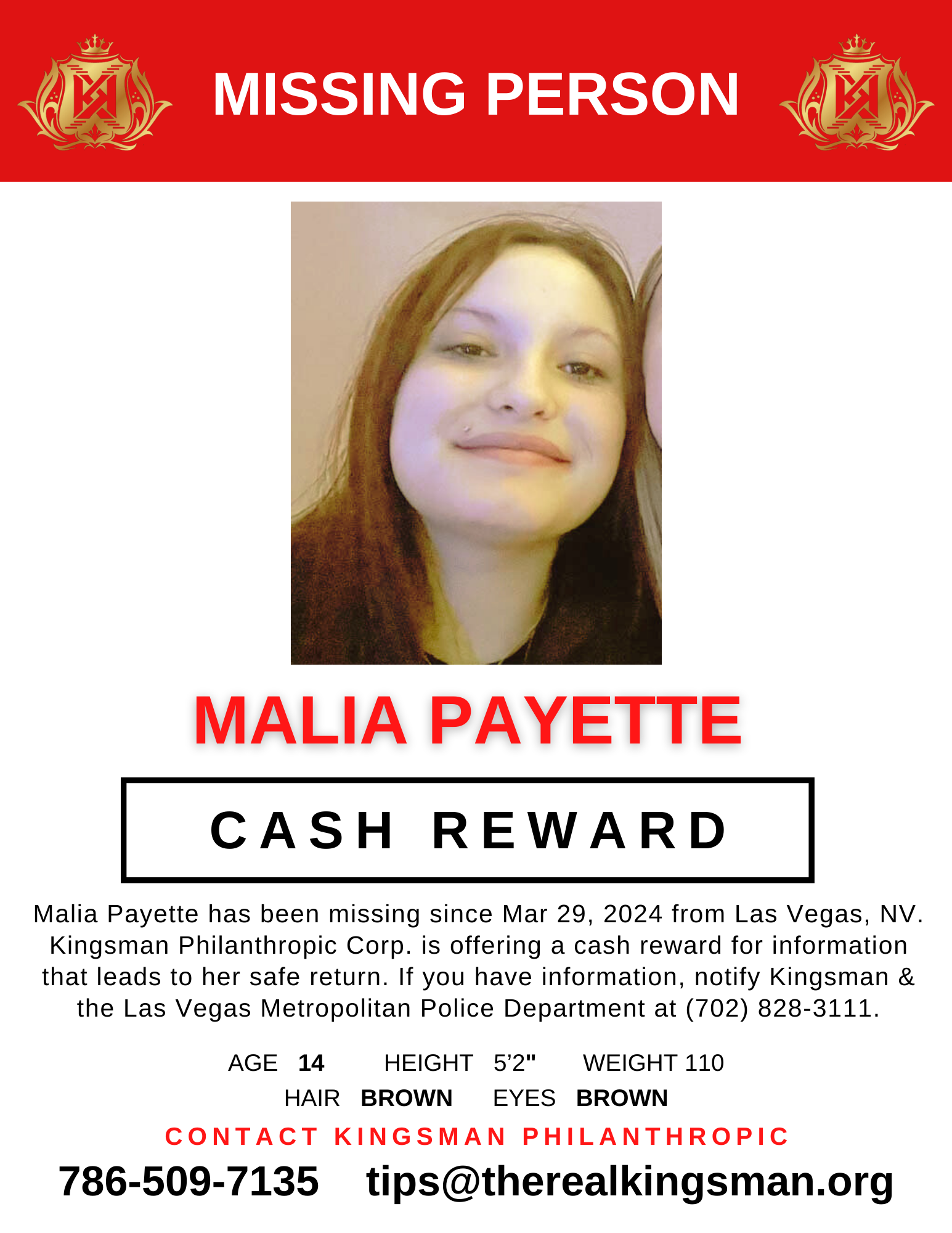 Kingsman Offers Cash Reward for Information on Missing Malia Payette